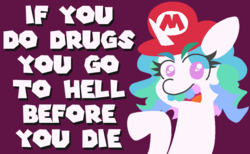Size: 1133x698 | Tagged: safe, artist:threetwotwo32232, princess celestia, alicorn, pony, g4, bust, cap, captain lou albano, dialogue, dic, drugs, female, hat, looking at you, mario hat, mario's hat, nintendo, parody, public service announcement, purple background, simple background, solo, super mario bros., the super mario bros. super show!, wat