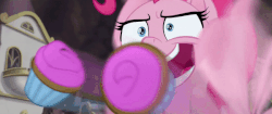 Size: 600x252 | Tagged: safe, screencap, pinkie pie, g4, my little pony: the movie, animated, cupcake, derp, faic, female, food
