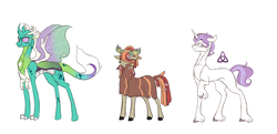 Size: 3667x1776 | Tagged: safe, artist:holoriot, oc, oc only, oc:grub, oc:lavender trinity, oc:princess, dragonling, hybrid, pony, unicorn, yakony, concave belly, crack ship offspring, female, flower, flower in hair, glasses, male, multiple limbs, offspring, parent:fancypants, parent:fleur-de-lis, parent:pharynx, parent:prince rutherford, parent:princess ember, parent:tree hugger, parents:fancyfleur, physique difference, raised hoof, simple background, slender, stallion, sternocleidomastoid, thin, white background