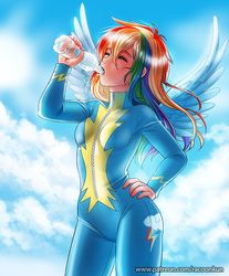 Size: 744x900 | Tagged: safe, artist:racoonsan, rainbow dash, human, g4, breasts, clothes, cute, cutie mark on clothes, drink, drinking, eyes closed, female, humanized, long hair, solo, spread wings, sweat, uniform, water, water bottle, winged humanization, wings, wonderbolts uniform