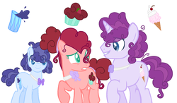 Size: 1508x878 | Tagged: safe, artist:diamondmlpocean, oc, oc only, oc:blueberry punch, oc:ice cream, oc:strawberry cupcake, earth pony, pony, unicorn, bowtie, female, male, mare, offspring, parent:party favor, parent:pinkie pie, parents:partypie, stallion