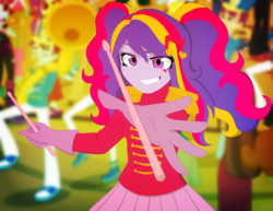 Size: 1724x1332 | Tagged: safe, artist:fantasygerard2000, oc, oc only, oc:rhythm punk, equestria girls, g4, clothes, drumsticks, female, grin, marching band, musical instrument, smiling, solo focus, tuba