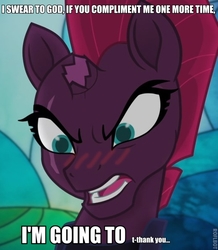 Size: 513x588 | Tagged: safe, edit, edited screencap, screencap, fizzlepop berrytwist, tempest shadow, pony, unicorn, g4, my little pony: the movie, blushing, caption, female, image macro, mare, meme, solo, tsundere, tsundere shadow