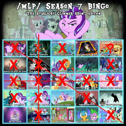 Size: 1024x1024 | Tagged: safe, edit, edited screencap, screencap, applejack, bon bon, discord, fluttershy, limestone pie, lyra heartstrings, marble pie, pinkie pie, princess celestia, princess ember, princess flurry heart, queen chrysalis, rainbow dash, rarity, spike, starlight glimmer, sunburst, sweetie drops, trixie, twilight sparkle, alicorn, pony, g4, season 7, bingo, drama, s5 starlight, starlight drama, twilight sparkle (alicorn), welcome home twilight