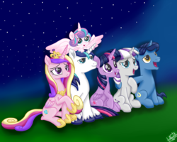 Size: 1750x1400 | Tagged: safe, artist:liniitadash23, night light, princess cadance, princess flurry heart, shining armor, twilight sparkle, twilight velvet, alicorn, pony, g4, once upon a zeppelin, baby, baby pony, family, female, male, mare, movie accurate, night, northern stars, show accurate, smiling, stallion, stars, twilight sparkle (alicorn)
