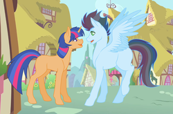 Size: 3136x2076 | Tagged: safe, artist:windwing2, oc, oc only, pegasus, pony, unicorn, day, high res, looking at each other, looking at someone, offspring, parent:flash sentry, parent:rainbow dash, parent:soarin', parent:twilight sparkle, parents:flashlight, parents:soarindash, pegasus oc, ponyville