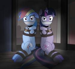 Size: 933x857 | Tagged: safe, alternate version, artist:radiantrealm, rainbow dash, twilight sparkle, alicorn, pegasus, pony, g4, angry, arm behind back, bondage, bound and gagged, bound wings, collar, dashsub, duo, duo female, female, femsub, floppy ears, gag, horn, horn ring, jewelry, lesbian, magic suppression, mare, necklace, pet tag, rope, rope bondage, ship:twidash, shipping, show accurate, submissive, tape gag, tied up, twilight sparkle (alicorn), twisub