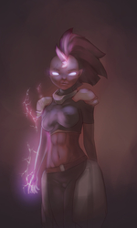 Size: 1800x3000 | Tagged: safe, artist:osseda, tempest shadow, human, g4, my little pony: the movie, abs, armor, broken horn, electricity, elf ears, female, glowing eyes, horn, humanized, looking at you, solo