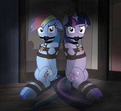 Size: 933x857 | Tagged: safe, alternate version, artist:radiantrealm, rainbow dash, twilight sparkle, alicorn, pegasus, pony, g4, angry, arm behind back, ballgag, bondage, bound and gagged, bound wings, collar, dashsub, duo, duo female, female, femsub, floppy ears, gag, horn, horn ring, jewelry, lesbian, magic suppression, mare, necklace, pet, pet tag, pettwi, rope, rope bondage, ship:twidash, shipping, show accurate, show accurate porn, submissive, tied up, twilight sparkle (alicorn), twisub