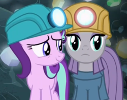 Size: 670x524 | Tagged: safe, screencap, maud pie, starlight glimmer, earth pony, pony, g4, rock solid friendship, cave, cropped, duo, gem, hard hat, maudalina daisy pie