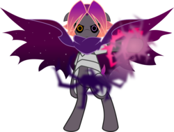 Size: 4325x3271 | Tagged: safe, artist:salandrejerenity989, oc, oc only, oc:spectral kamui, pony, armor, bipedal, black sclera, energy blast, glowing hooves, god of ruin, gradient hair, looking at you, nebula cape, omega, simple background, transparent background