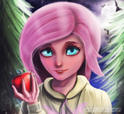 Size: 1734x1586 | Tagged: safe, artist:bellheller, fluttershy, bat, human, g4, apple, clothes, female, food, fruit, humanized, looking at you, moon, night, smiling, solo, tree