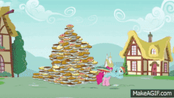 Size: 320x180 | Tagged: safe, screencap, pinkie pie, rainbow dash, g4, secrets and pies, angry, animated, female, food, gif, gif for breezies, makeagif.com, picture for breezies, pie, pie pyramid, stomping, strong