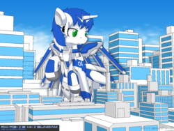 Size: 1600x1200 | Tagged: safe, artist:rockfannel, oc, oc only, alicorn, pony, alicorn oc, anime, city, crossover, giant pony, gundam, hi nu gundam, macro, mecha, rx-93-ν2