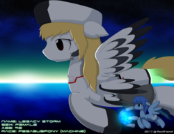 Size: 3000x2300 | Tagged: safe, artist:rockfannel, oc, oc only, oc:crosssky, oc:legacy storm, pegasus, pony, clothes, flying, high res, machine, ocean, size difference