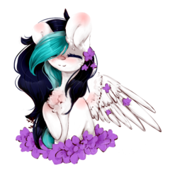 Size: 895x933 | Tagged: safe, artist:twinkepaint, oc, oc only, oc:neon beats, pegasus, pony, bust, chest fluff, eyes closed, female, flower, mare, portrait, simple background, solo, transparent background