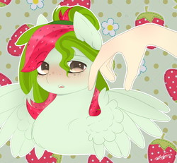 Size: 1125x1040 | Tagged: safe, artist:anfytamin, oc, oc only, oc:watermelana, human, pony, blushing, bust, food, freckles, hand, offscreen character, petting, solo, strawberry, stroking