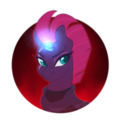 Size: 1937x2005 | Tagged: safe, artist:lolepopenon, tempest shadow, pony, unicorn, g4, my little pony: the movie, broken horn, bust, colored pupils, eye scar, female, glowing horn, horn, mare, portrait, scar, solo, sparking horn