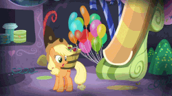 Size: 759x424 | Tagged: safe, screencap, applejack, g4, season 7, secrets and pies, animated, apple, bucket, female, food, gif, party cave, reversed, solo, sugarcube corner