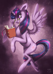 Size: 1024x1420 | Tagged: safe, artist:xaneas, twilight sparkle, alicorn, pony, g4, book, female, flying, glasses, mare, solo, twilight sparkle (alicorn)
