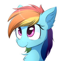 Size: 2000x2000 | Tagged: safe, artist:morningbullet, rainbow dash, pegasus, pony, g4, bust, chest fluff, cute, dashabetes, ear fluff, female, fluffy, high res, looking up, mare, portrait, simple background, smiling, solo, white background