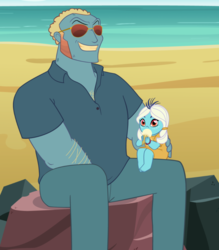 Size: 600x685 | Tagged: safe, artist:queencold, dragon lord torch, princess ember, human, equestria girls, g4, beach, cute, duo, emberbetes, equestria girls-ified, father and daughter, female, food, ice cream, male, rock, sunglasses, younger