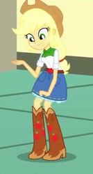 Size: 387x720 | Tagged: safe, screencap, applejack, equestria girls, g4, my little pony equestria girls: summertime shorts, pet project, boots, clothes, cowboy boots, cowboy hat, cropped, denim skirt, female, hat, shoes, skirt, smiling, stetson