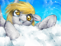 Size: 800x600 | Tagged: safe, artist:nabe, derpy hooves, pegasus, pony, g4, cloud, female, grin, mare, smiling, solo, waving