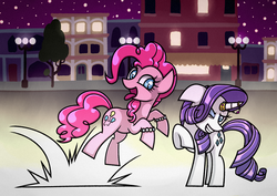 Size: 1754x1240 | Tagged: safe, artist:rambopvp, pinkie pie, rarity, g4, bracelet, building, city, floppy ears, grin, happy, horn, horn jewelry, imminent glomp, jewelry, jumping, night, open mouth, outdoors, pronking, raised hoof, sky, smiling, standing, stars, street, streetlight, tongue out, tree