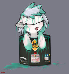 Size: 1460x1567 | Tagged: safe, artist:orang111, oc, oc only, oc:null:270, goo, :p, barrel, biohazard, cheek fluff, cute, eyes closed, female, filly, german, happy, slime, smiling, this will end in death, this will end in pandemic, this will end in sickness, this will end in tears, this will end in tears and/or death, tongue out, too dumb to live