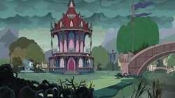 Size: 1920x1080 | Tagged: safe, screencap, gargoyle, griffon, g4, season 7, secrets and pies, background, bridge, cattails, dream sequence, evil ponyville, imagine spot, nightmare, no pony, overcast, ponyville, ponyville town hall, reeds, statue, thorn, town hall, tree, vine