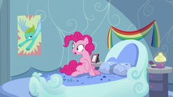 Size: 1920x1080 | Tagged: safe, screencap, pinkie pie, g4, secrets and pies, bed, bedroom, lamp, out of context, pillow, poster, rainbow dash's bedroom, rainbow dash's house