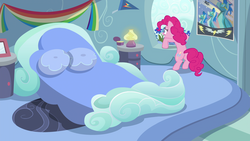 Size: 1920x1080 | Tagged: safe, screencap, pinkie pie, g4, secrets and pies, bed, bedroom, lamp, pillow, poster, rainbow dash's bedroom, rainbow dash's house, rug, wonderbolts poster