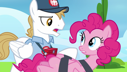 Size: 1920x1080 | Tagged: safe, screencap, hermes (g4), pinkie pie, earth pony, pegasus, pony, g4, secrets and pies, baseball cap, cap, clothes, cloud, female, first aid kit, hat, male, mare, medic, paramedic, restrained, restraints, shirt, stallion, tree
