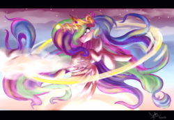 Size: 4228x2903 | Tagged: safe, artist:ilynalta, princess celestia, alicorn, pony, g4, cloud, commission, crown, female, flying, glowing horn, high res, horn, mare, regalia, solo, stars