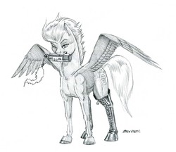 Size: 1400x1211 | Tagged: safe, artist:baron engel, oc, oc only, pegasus, pony, blowtorch, female, grayscale, looking at you, mare, monochrome, pencil drawing, simple background, sketch, smiling, solo, traditional art, white background