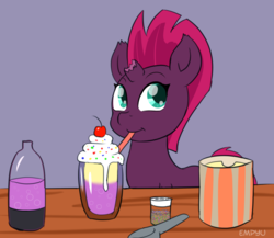 Size: 1000x867 | Tagged: safe, artist:empyu, fizzlepop berrytwist, tempest shadow, pony, unicorn, g4, my little pony: the movie, 45 minute art challenge, bottle, broken horn, cute, dessert, drinking, female, food, hidden cutie mark, horn, ice cream, mare, shake, simple background, soda, solo, straw, tempestbetes