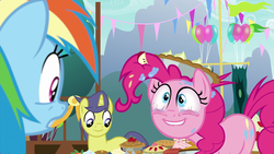 Size: 1920x1080 | Tagged: safe, screencap, comet tail, pinkie pie, rainbow dash, earth pony, pegasus, pony, unicorn, g4, secrets and pies, bloodshot eyes, crazy face, faic, female, food, male, mare, messy hair, pie, stallion