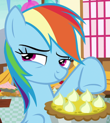 Size: 969x1080 | Tagged: safe, screencap, rainbow dash, pegasus, pony, g4, secrets and pies, female, food, lidded eyes, looking at you, mare, mischievous, pie, pointing, solo