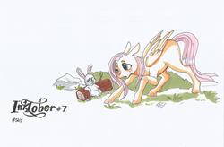 Size: 3390x2229 | Tagged: safe, artist:php154, angel bunny, fluttershy, g4, duo, face down ass up, floppy ears, folded wings, high res, ink, inktober, inktober 2017, log, looking at something, looking down, missing cutie mark, traditional art, wings