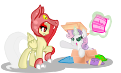 Size: 768x466 | Tagged: safe, artist:dsfranch, fluttershy, sweetie belle, pegasus, pony, elements of insanity, g4, box, dragon costume, female, fight, filly, fluttershout, foal, magic, mare, mismatched mane and tail, pillow