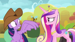 Size: 480x270 | Tagged: safe, screencap, princess cadance, twilight sparkle, alicorn, pony, g4, once upon a zeppelin, animated, cowboy hat, cute, duo, female, gif, hat, sisters-in-law, twiabetes, twilight sparkle (alicorn), waving, wing hands, wing wave