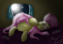 Size: 843x586 | Tagged: safe, artist:tinttone, fluttershy, pegasus, pony, g4, eyes closed, female, floppy ears, folded wings, night, prone, sleeping, smiling, solo, window, wings