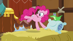 Size: 1280x720 | Tagged: safe, screencap, gummy, pinkie pie, prince rutherford, pony, yak, g4, not asking for trouble, hay, hay bale, pinkie being pinkie, pinkie physics