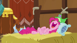 Size: 1280x720 | Tagged: safe, screencap, gummy, pinkie pie, prince rutherford, pony, yak, g4, not asking for trouble, hay, hay bale, sleeping