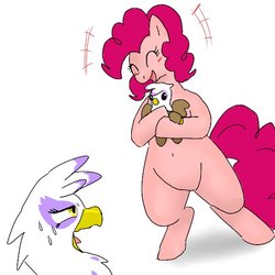 Size: 600x600 | Tagged: safe, artist:kushina13, gilda, pinkie pie, earth pony, griffon, pony, g4, belly button, bipedal, blushing, eyes closed, female, mare, open mouth, plushie, shocked, smiling, sweat, sweatdrop