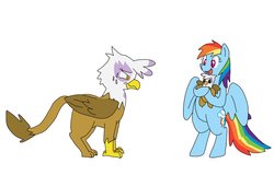 Size: 950x607 | Tagged: safe, artist:kushina13, gilda, rainbow dash, griffon, pegasus, pony, g4, bipedal, doll, female, mare, open mouth, plushie, smiling, sweat, sweatdrop, toy