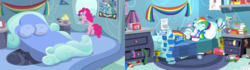 Size: 1600x450 | Tagged: safe, screencap, pinkie pie, rainbow dash, pony, equestria girls, g4, secrets and pies, bed, bedroom, comparison, converse, female, lamp, rainbow dash's bedroom, rainbow dash's house, rug, shoes, wonderbolts poster