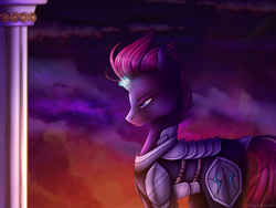 Size: 2990x2246 | Tagged: safe, artist:she-nightmare, tempest shadow, pony, unicorn, g4, my little pony: the movie, armor, broken horn, cloud, female, glowing horn, high res, horn, lidded eyes, mare, pillar, solo