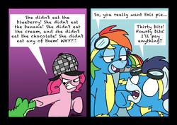 Size: 2453x1740 | Tagged: safe, artist:bobthedalek, gummy, pinkie pie, rainbow dash, soarin', pony, g4, secrets and pies, addiction, bedroom eyes, clothes, comic, dialogue, extortion, food, frown, hat, pie, rainbow blueberry pie, that pony sure does love pies, uniform, wonderbolts uniform